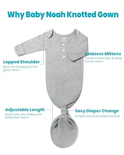Newborn Baby Knotted Gown, Super Soft Silky Infant Long Sleeve Sleeper with Tie Bottom, Baby Girl and Boy Sleep Gown - Baby Noah (1)