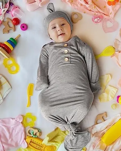 Newborn Baby Knotted Gown, Super Soft Silky Infant Long Sleeve Sleeper with Tie Bottom, Baby Girl and Boy Sleep Gown - 6