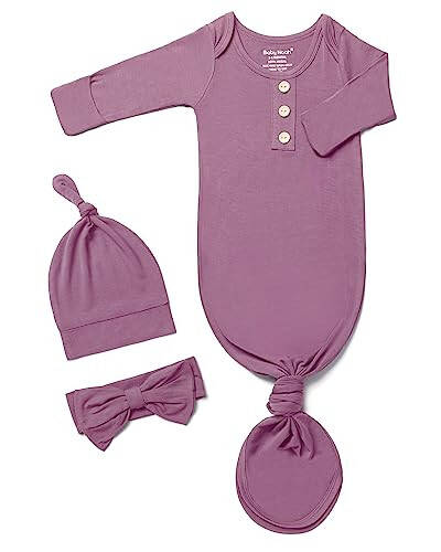 Newborn Baby Knotted Gown, Super Soft Silky Infant Sleeper, Baby Girl Sleep Gown with Mittens, Bow, and Hat Set - 43