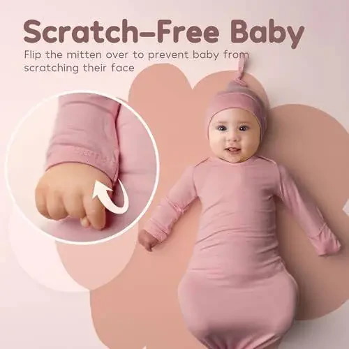 Newborn baby knotted gown, super soft silky infant sleeper, baby girl sleep gown with mittens, bow, and hat set. - 2