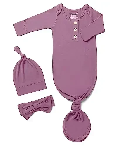 Newborn Baby Knotted Gown, Super Soft Silky Infant Sleeper, Baby Girl Sleep Gown with Mittens, Bow, and Hat Set - Newborn