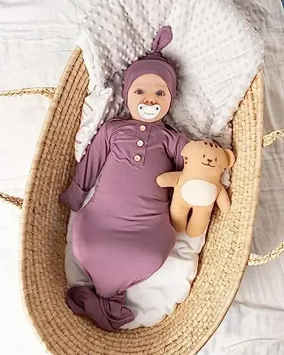 Newborn Baby Knotted Gown, Super Soft Silky Infant Sleeper, Baby Girl Sleep Gown with Mittens, Bow, and Hat Set - 5