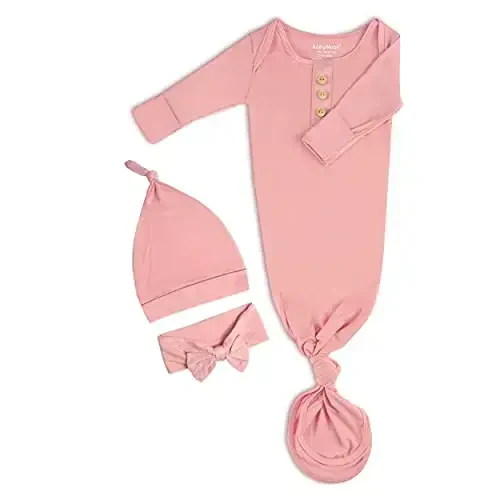 Newborn Baby Knotted Gown, Super Soft Silky Infant Sleeper, Baby Girl Sleep Gown with Mittens, Bow, and Hat Set - 1