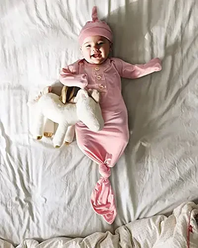 Newborn Baby Knotted Gown, Super Soft Silky Infant Sleeper, Baby Girl Sleep Gown with Mittens, Bow, and Hat Set - 6