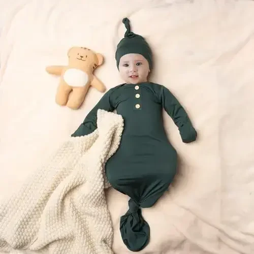 Newborn Baby Knotted Gown, Super Soft Silky Infant Sleeper, Baby Girl Sleep Gown with Mittens, Bow, and Hat Set - 6