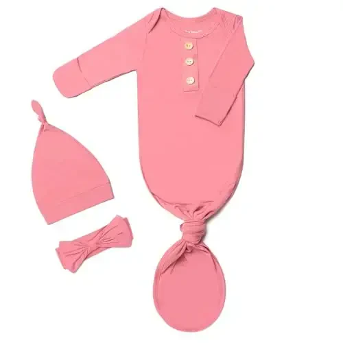 Newborn Baby Knotted Gown, Super Soft Silky Infant Sleeper, Baby Girl Sleep Gown with Mittens, Bow, and Hat Set - Modazone