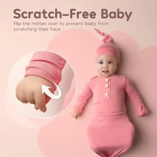 Newborn Baby Knotted Gown, Super Soft Silky Infant Sleeper, Baby Girl Sleep Gown with Mittens, Bow, and Hat Set - 4