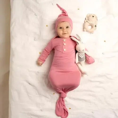 Newborn Baby Knotted Gown, Super Soft Silky Infant Sleeper, Baby Girl Sleep Gown with Mittens, Bow, and Hat Set - 6