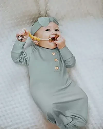 Newborn Baby Knotted Gown, Super Soft Silky Infant Sleeper, Baby Girl Sleep Gown with Mittens, Bow, and Hat Set - 7