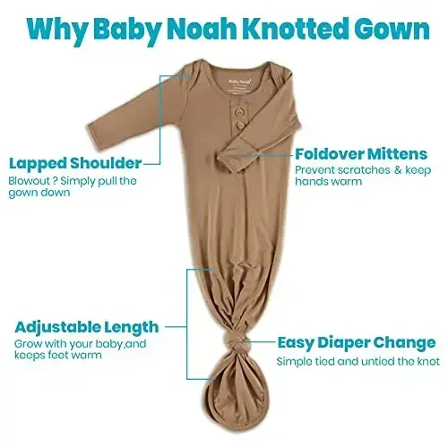 Newborn Baby Knotted Gown, Super Soft Silky Infant Sleeper, Baby Girl Sleep Gown with Mittens, Bow, and Hat Set - 3