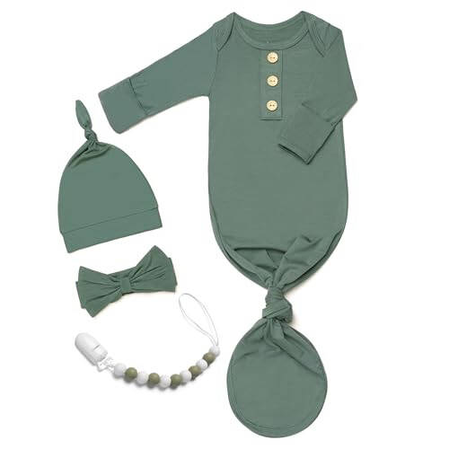 Newborn Baby Knotted Gown, Super Soft Silky Infant Sleeper, Baby Girl Sleep Gown with Mittens, Bow, Clip and Hat Set - 29