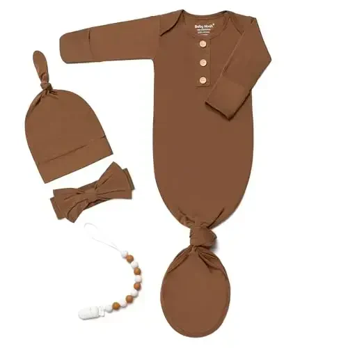 Newborn Baby Knotted Gown, Super Soft Silky Infant Sleeper, Baby Girl Sleep Gown with Mittens, Bow, Clip and Hat Set 