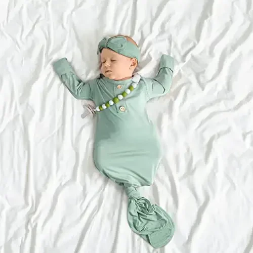 Newborn Baby Knotted Gown, Super Soft Silky Infant Sleeper, Baby Girl Sleep Gown with Mittens, Bow, Clip and Hat Set - 6