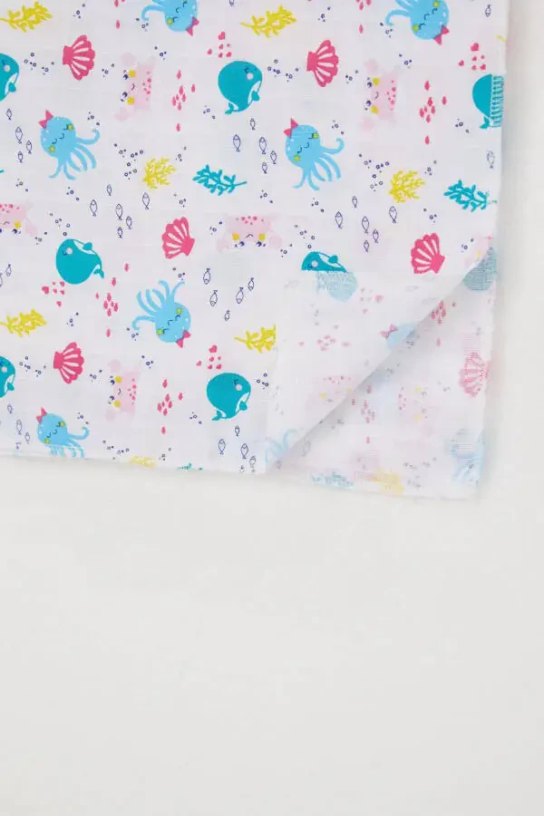 Newborn Baby Muslin Blanket Cute Sea Animals Patterned Standard, White - 3
