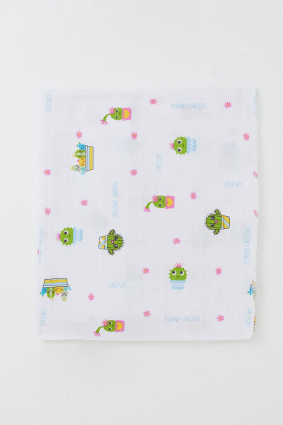 Newborn Baby Muslin Blanket Fun Cacti Standard, White - BREEZE
