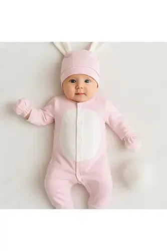 Newborn Baby Pink Bunny Jumpsuit Set - 3