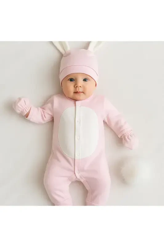 Newborn Baby Pink Bunny Jumpsuit Set - 3