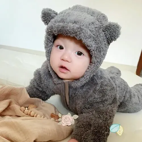 Newborn Baby Romper Fleece Onesie Jumpsuit Toddler Warm Hooded Outwear Outfits for Infant - 3
