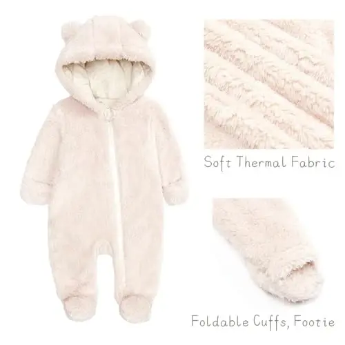 Newborn Baby Romper Fleece Onesie Jumpsuit Toddler Warm Hooded Outwear Outfits for Infant - 3