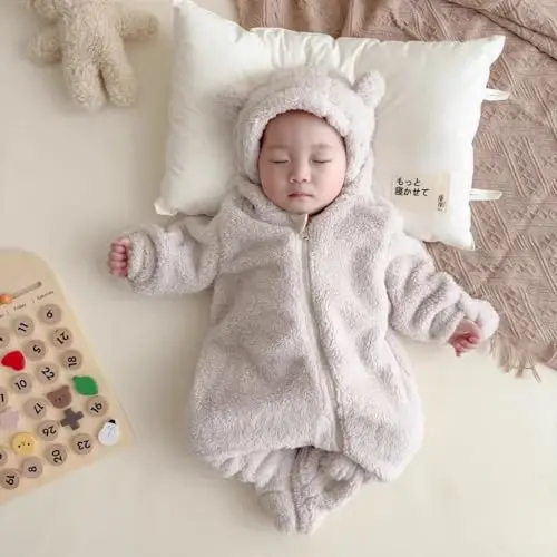 Newborn Baby Romper Fleece Onesie Jumpsuit Toddler Warm Hooded Outwear Outfits for Infant - 5
