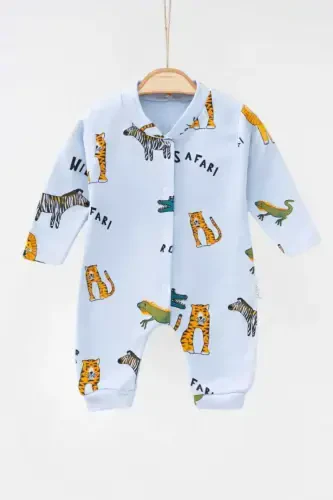 Newborn Baby Safari Print Snap-Button Newborn Baby Jumpsuit Unisex 100% Cotton Flexible 1-3-6 Months-BEBEMAVİ - 1