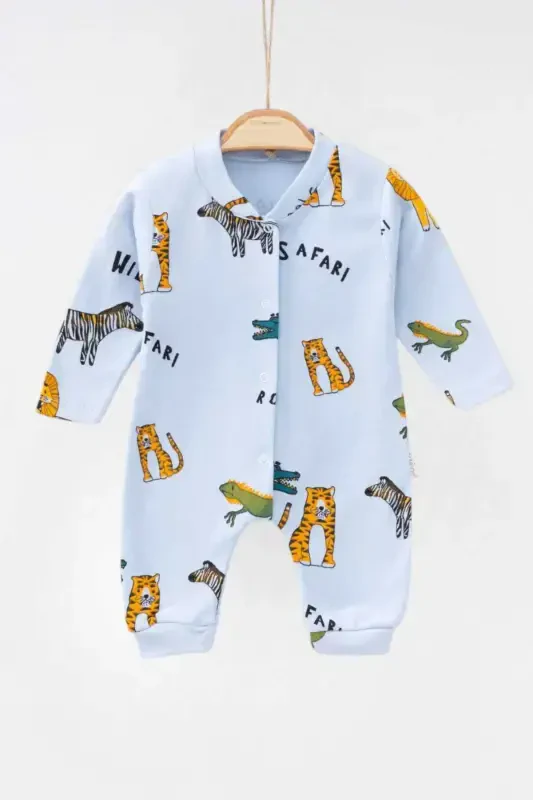 Newborn Baby Safari Print Snap-Button Newborn Baby Jumpsuit Unisex 100% Cotton Flexible 1-3-6 Months-BEBEMAVİ - 1