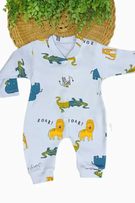Newborn Baby Safari Print Snap-Button Newborn Baby Jumpsuit Unisex 100% Cotton Flexible 1-3-6 Months-BEBEMAVİ - 2