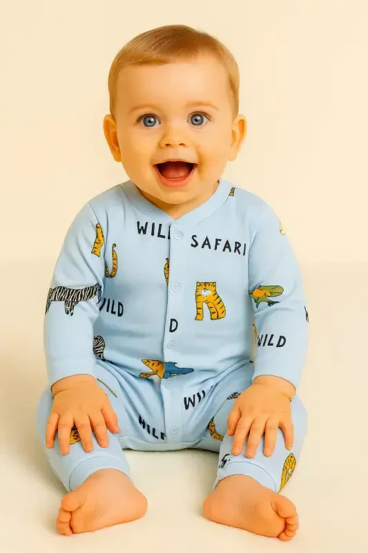 Newborn Baby Safari Print Snap-Button Newborn Baby Jumpsuit Unisex 100% Cotton Flexible 1-3-6 Months-BEBEMAVİ - 6