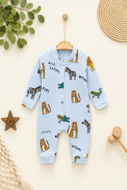 Newborn Baby Safari Print Snap-Button Newborn Baby Jumpsuit Unisex 100% Cotton Flexible 1-3-6 Months-BEBEMAVİ - 1