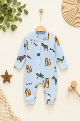 Newborn Baby Safari Print Snap-Button Newborn Baby Jumpsuit Unisex 100% Cotton Flexible 1-3-6 Months-BEBEMAVİ 