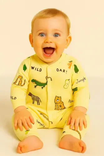 Newborn Baby Safari Print Snap-Front Newborn Baby Romper Unisex 100% Cotton Flexible 1-3-6 Months-YELLOW - 5