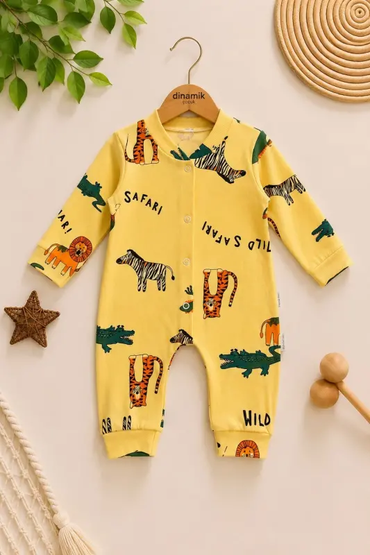Newborn Baby Safari Print Snap-Front Newborn Baby Romper Unisex 100% Cotton Flexible 1-3-6 Months-YELLOW - 1