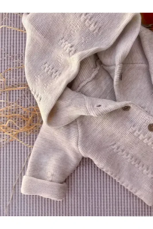 Newborn Hooded Double Layered Knitted Girl - Boy Baby Cardigan-beige - 2