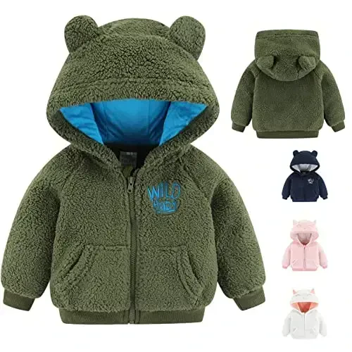 Newborn Infant Baby Boys Girls Cartoon Fleece Hooded Jacket Coat with Ears Warm Todder Kids Outwear Coat Zipper Up 0-6Y 