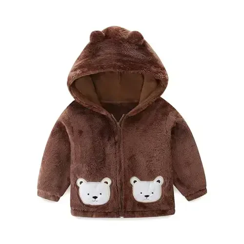 Newborn Infant Baby Boys Girls Cartoon Fleece Hooded Jacket Coat with Ears Warm Todder Kids Outwear Coat Zipper Up 1-6Y - 1