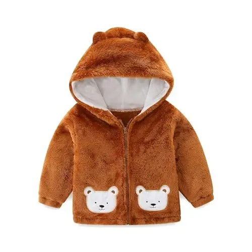 Newborn Infant Baby Boys Girls Cartoon Fleece Hooded Jacket Coat with Ears Warm Todder Kids Outwear Coat Zipper Up 1-6Y 