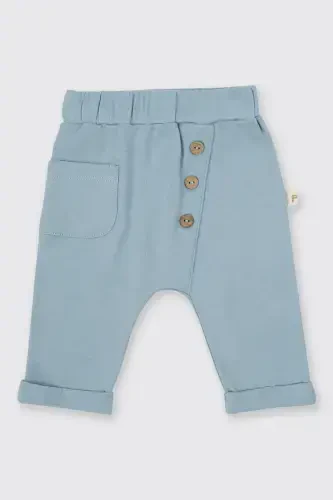Newborn Knit Blue Pants with Button and Pocket Detail - 1