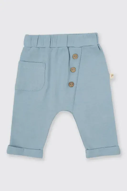 Newborn Knit Blue Pants with Button and Pocket Detail - 1