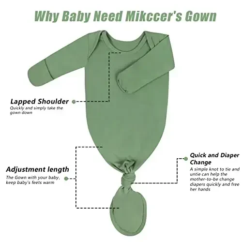 Newborn Knotted Baby Gown 0-6 Months, Super Soft Breathable Nightgowns for Babies Girl and Boy, Baby Girls Coming Home Hospital Outfit with Hat Set Green - 4