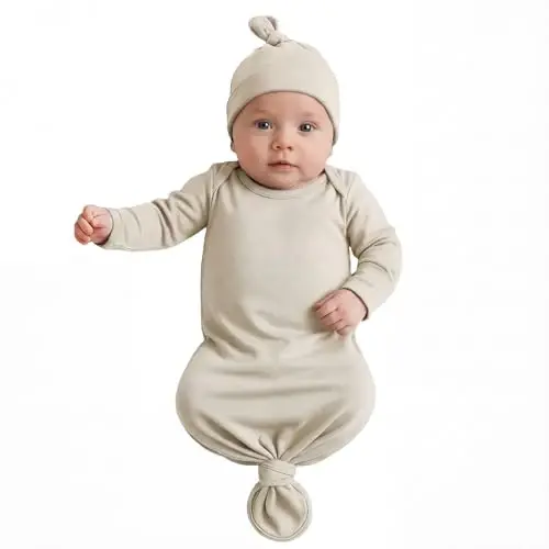 Newborn Knotted Baby Gown 0-6 Months, Super Soft Breathable Nightgowns for Babies Girl and Boy, Baby Girls Coming Home Hospital Outfit with Hat Set Oatmeal - 1