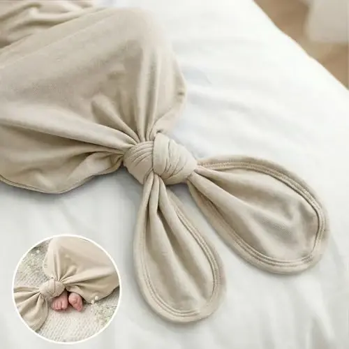 Newborn Knotted Baby Gown 0-6 Months, Super Soft Breathable Nightgowns for Babies Girl and Boy, Baby Girls Coming Home Hospital Outfit with Hat Set Oatmeal - 5