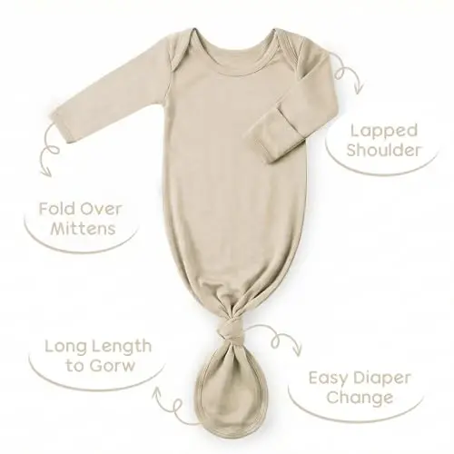 Newborn Knotted Baby Gown 0-6 Months, Super Soft Breathable Nightgowns for Babies Girl and Boy, Baby Girls Coming Home Hospital Outfit with Hat Set Oatmeal - 6