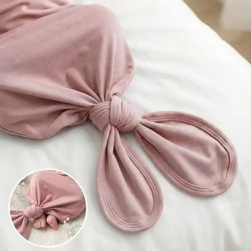 Newborn Knotted Baby Gown 0-6 Months, Super Soft Breathable Nightgowns for Babies Girl and Boy, Baby Girls Coming Home Hospital Outfit with Hat Set Pink - 4