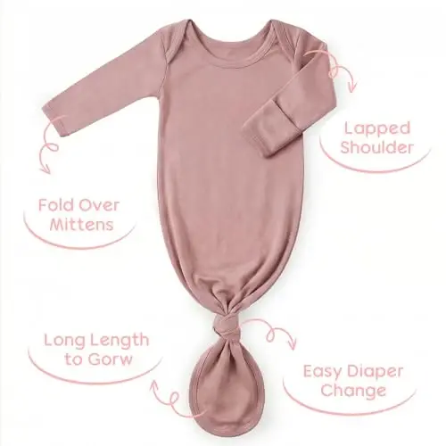 Newborn Knotted Baby Gown 0-6 Months, Super Soft Breathable Nightgowns for Babies Girl and Boy, Baby Girls Coming Home Hospital Outfit with Hat Set Pink - 6