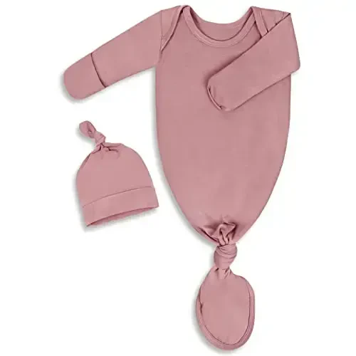 Newborn Knotted Baby Gown 0-6 Months, Super Soft Breathable Nightgowns for Babies Girl and Boy, Baby Girls Coming Home Hospital Outfit with Hat Set Pink - 1