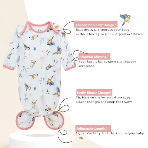 Newborn Knotted Gown with Hat Set, 3 Pack Newborn Nightgowns, Baby Sleeper Gowns with Mitten Cuffs for Boys Girls 6-12 Months - NEWBORN