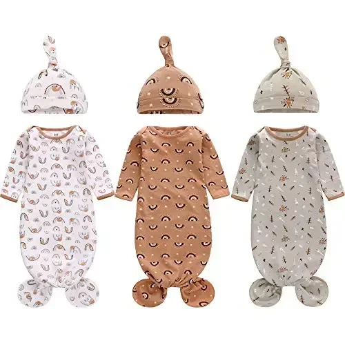 Newborn Knotted Nightgown Long Sleeve with Matching Hat Set 3 Pack, Cotton Baby Sleeper Gowns Sleeping Bag Unisex Home Outfits Set with Mitten Cuffs for Boys Girls 0-6 Months - 1