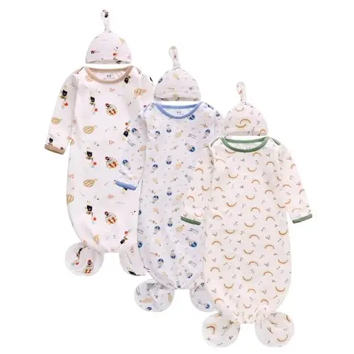 Newborn Knotted Nightgown Long Sleeve with Matching Hat Set 3 Pack, Cotton Baby Sleeper Gowns Sleeping Bags Home Outfits Set with Mitten Cuffs for Boys Girls (Balloon + Rainbow + Bear, 0-6 Months) - MODAZONE