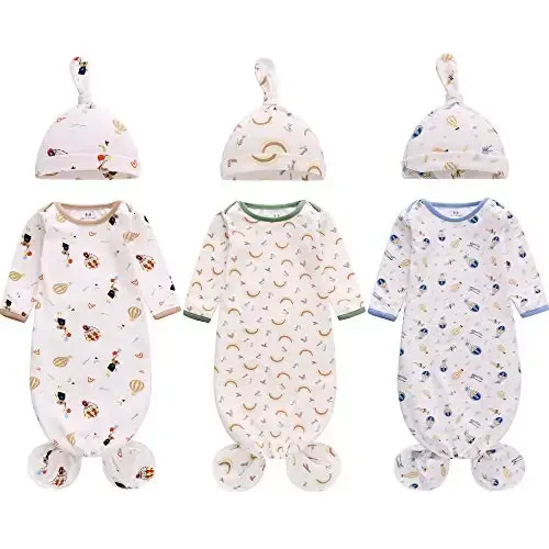 Newborn Knotted Nightgown Long Sleeve with Matching Hat Set 3 Pack, Cotton Baby Sleeper Gowns Sleeping Bags Home Outfits Set with Mitten Cuffs for Boys Girls (Balloon + Rainbow + Bear, 6-12 Months) - 1