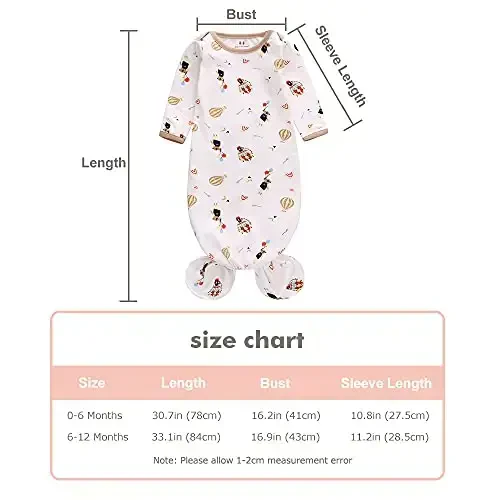 Newborn Knotted Nightgown Long Sleeve with Matching Hat Set 3 Pack, Cotton Baby Sleeper Gowns Sleeping Bags Home Outfits Set with Mitten Cuffs for Boys Girls (Balloon + Rainbow + Bear, 6-12 Months) - 2